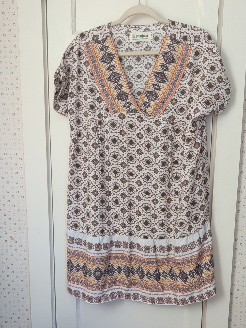 Aventura Dress S White Brown  Orange Printed V-Neck India Light Breezy Cotton